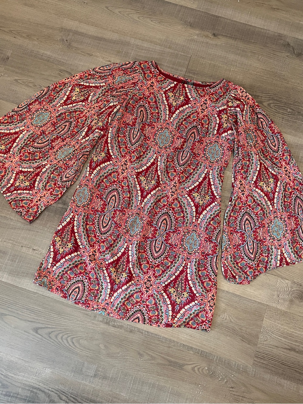 Fire Los Angeles Paisley Shift Dress w/ Pleated Bell Sleeves